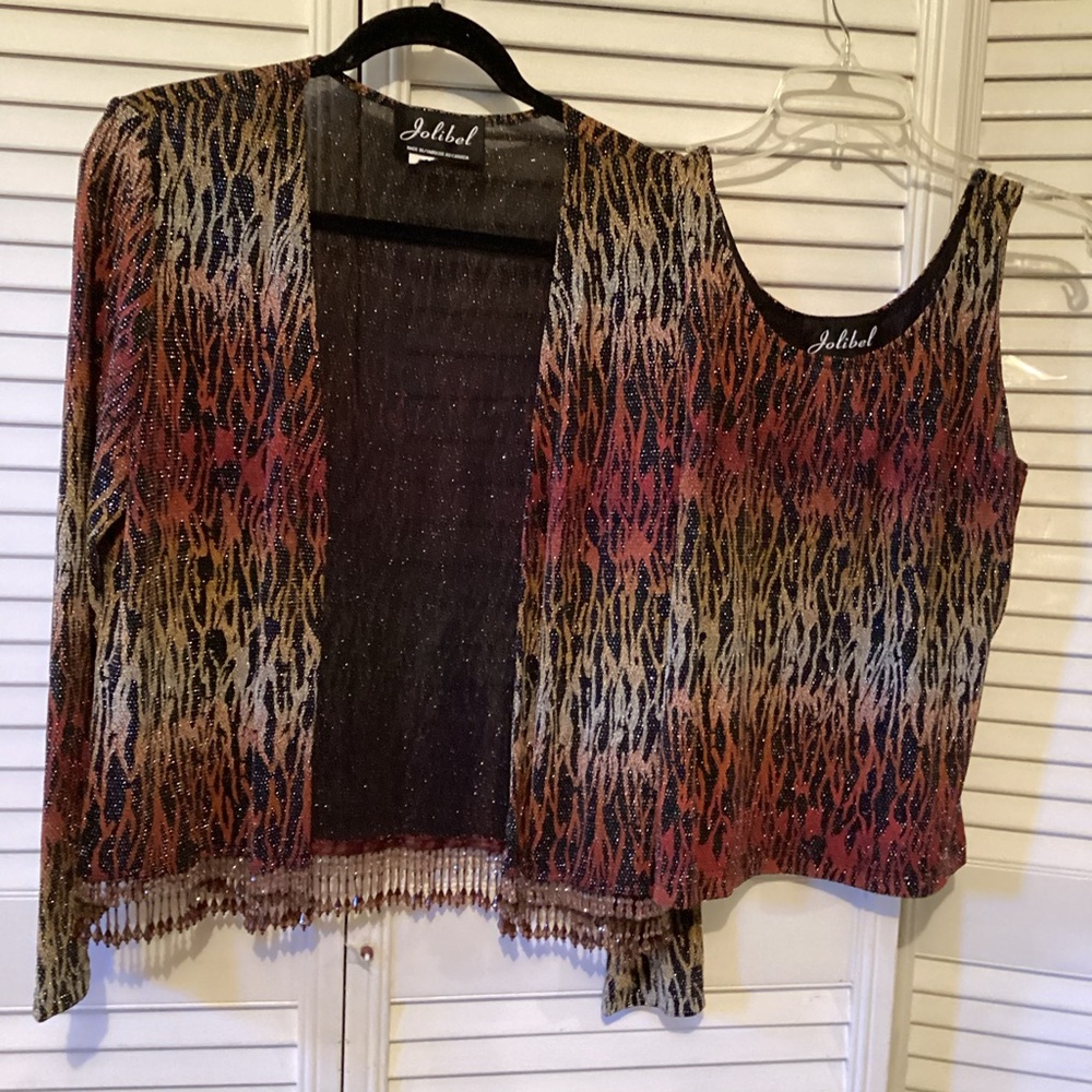 Jolibel ladies open front animal print evening cardigan and camisole, size 10,